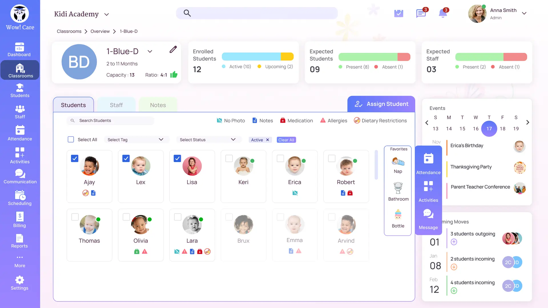 WowCare classroom and student selection screen